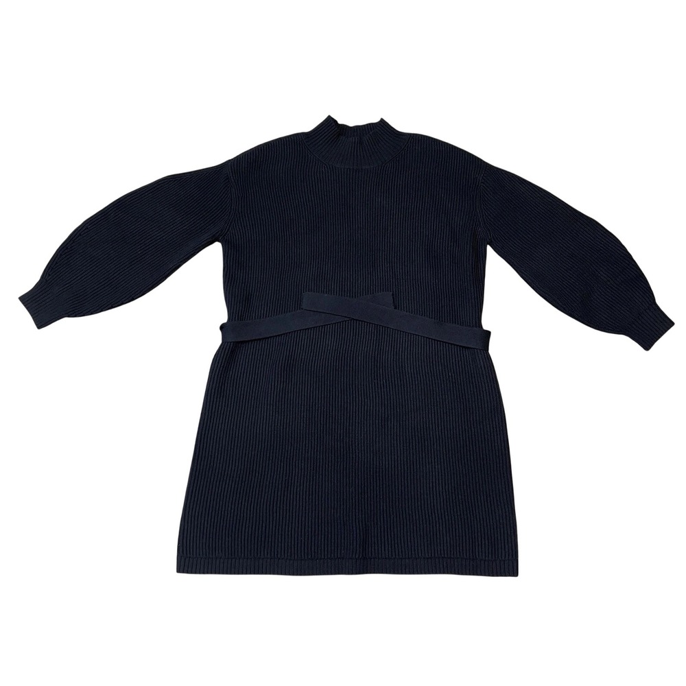 Maeve Anthropologie Sweater Dress Womens L Navy Ribbed Mock Neck Belted Balloon